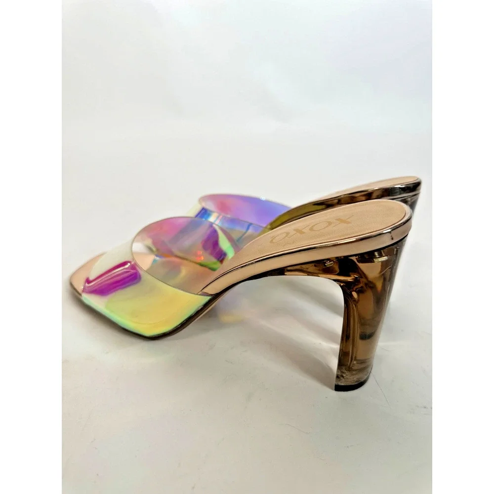 XOXO Iridescent Holographic Mule Heels Size 9 Metallic Square Toe Sandals